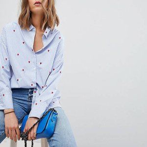 ASOS Stradivarius Poplin Shirt in Blue Stripe with Embroidered Red Hearts